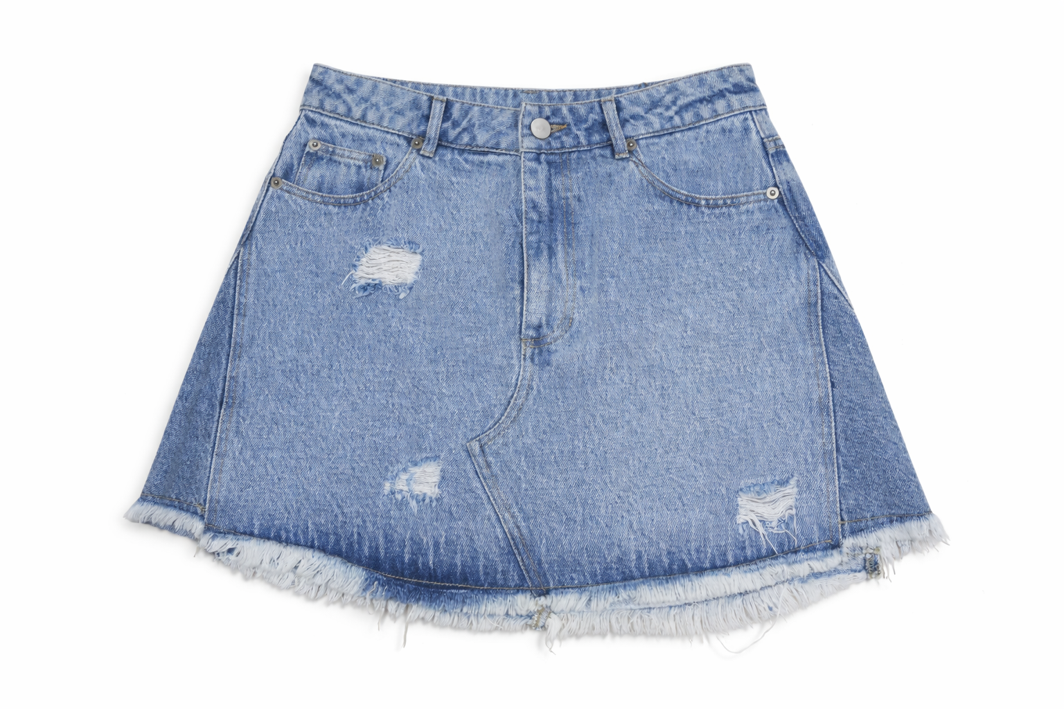 Denim with fade-out wash, distressed details and raw edges